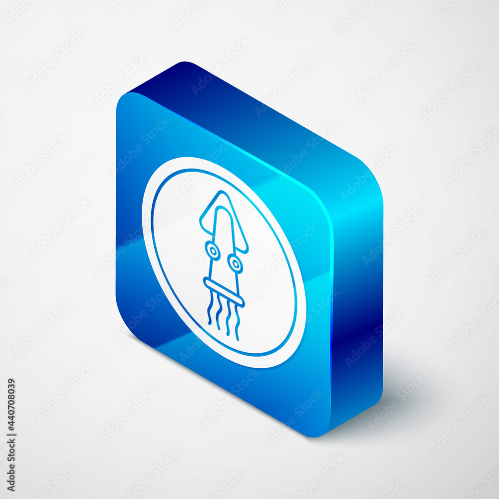 Isometric Octopus on a plate icon isolated on grey background. Blue square button. Vector. Isometric Octopus on a plate icon isolated on grey background. Blue square button. Vector.