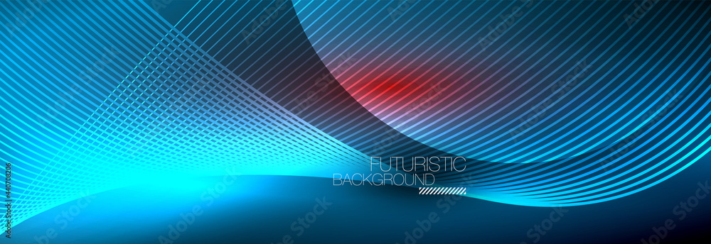 Abstract neon glowing light in the dark with waves. Shiny magic energy and motion concept, vector abstract wallpaper background Abstract neon glowing light in the dark with waves. Shiny magic energy and motion concept, vector abstract wallpaper background