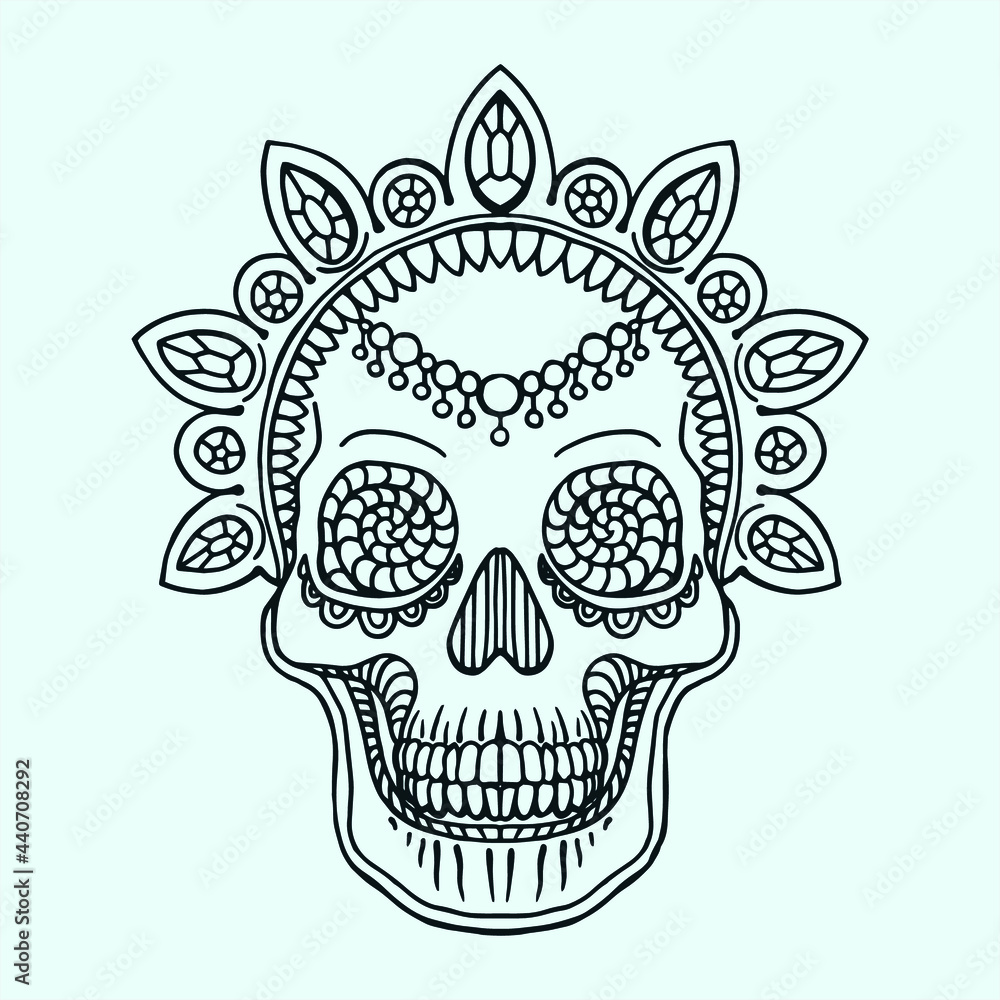 Stylish party pattern with hand drawn human skulls with different ornaments. Line drawn illustration. Sketch for tattoo