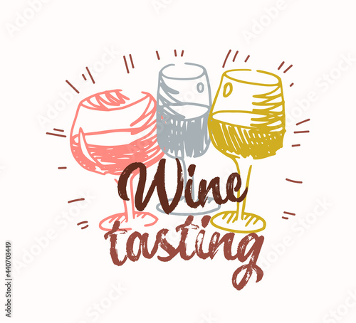 Wine Tasting Icon, Label with Hand Drawn Wineglasses. Emblem for Alcohol Festival Event, Alco Drink Fest, Bar Signboard