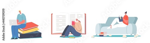 Writers Characters Enjoy Writing Poetry or Prose Concept. Tiny People Reading Literature sit at Huge Books, Read Verses