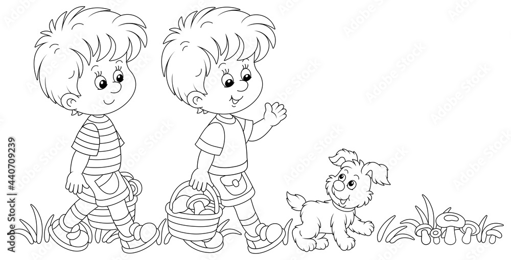Little kids mushroomers and their merry pup walking with baskets and gathering mushrooms in a summer forest, black and white outline vector cartoon illustration for a coloring book page Little kids mushroomers and their merry pup walking with baskets and gathering mushrooms in a summer forest, black and white outline vector cartoon illustration for a coloring book page
