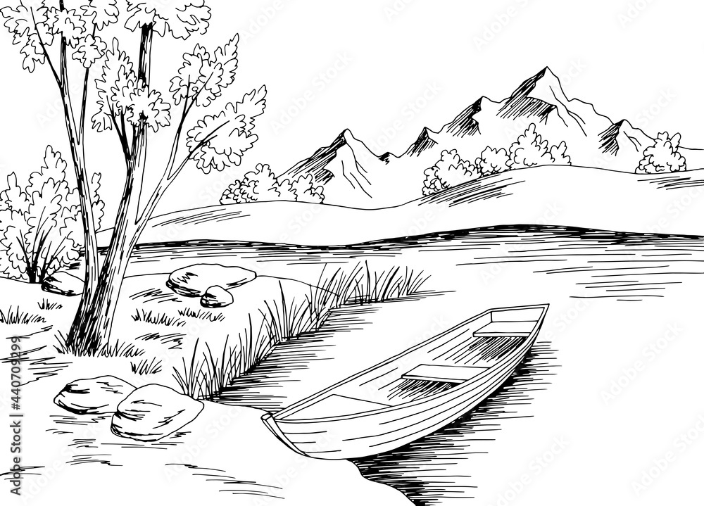 Naklejka premium River boat graphic black white landscape sketch illustration vector 