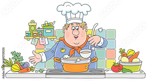 Funny chef cooking an original tasty soup with fresh vegetables and spices in his cozy kitchen, vector cartoon illustration isolated on a white background