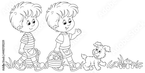 Little kids mushroomers and their merry pup walking with baskets and gathering mushrooms in a summer forest, black and white outline vector cartoon illustration for a coloring book page