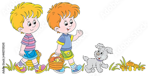 Little kids mushroomers and their merry pup walking with baskets and gathering mushrooms in a summer forest, vector cartoon illustration isolated on a white background