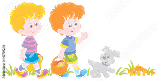 Little kids mushroomers and their merry pup walking with baskets and gathering mushrooms in a summer forest, vector cartoon illustration isolated on a white background