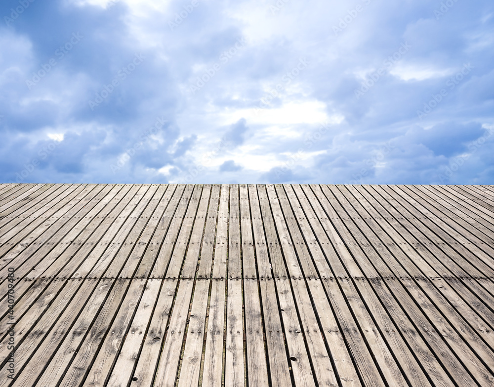 Wood platform with blue sky