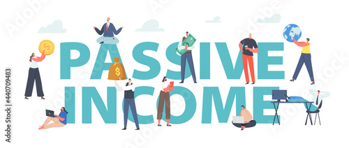Passive Income Concept. Tiny Characters with Money and Laptops. Stock Market Investing, Online Monetization. Remote Job