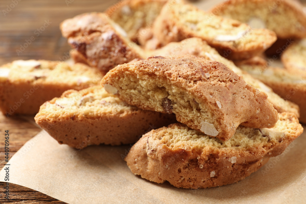 Traditional Italian almond biscuits (Cantucci) on table, closeup Traditional Italian almond biscuits (Cantucci) on table, closeup
