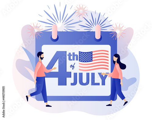 Happy 4th of July - calendar date. Fourth of July. Tiny people celebrate United States Of America Independence Day. Modern flat cartoon style. Vector illustration on white background