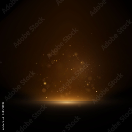 Light gold podium is empty with golden line lighting effects.
Gold dust bokeh.
Illuminat gold podium pedestal for advertising, awards, awards ceremony, presentations,