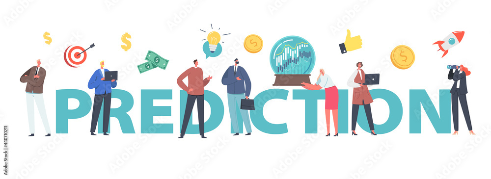 Fototapeta premium Business Prediction, Forecast of Market Trends. Tiny Business Characters at Huge Crystal Globe Trying to Predict Stock