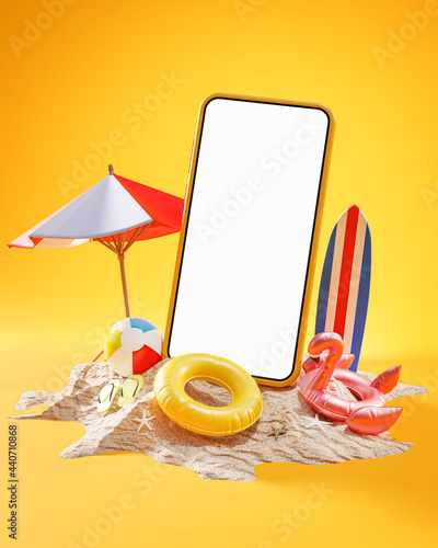 Mockup Phone Summer Holiday Concept Yellow Background 3D Rendering