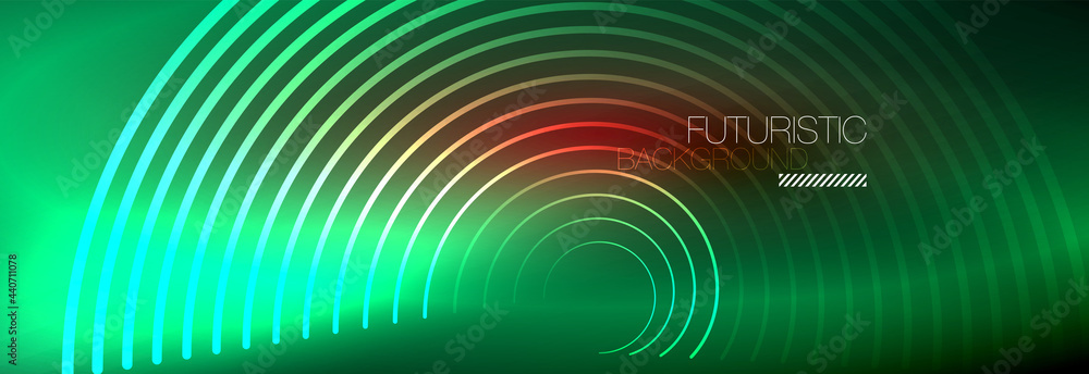 Dark abstract background with glowing neon circles. Trendy layout template for business or technology presentation, internet poster or web brochure cover, wallpaper Dark abstract background with glowing neon circles. Trendy layout template for business or technology presentation, internet poster or web brochure cover, wallpaper