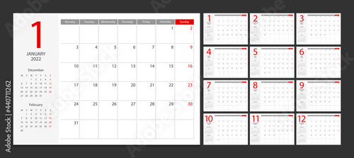 Calendar 2022 week start Monday corporate design planner template.	