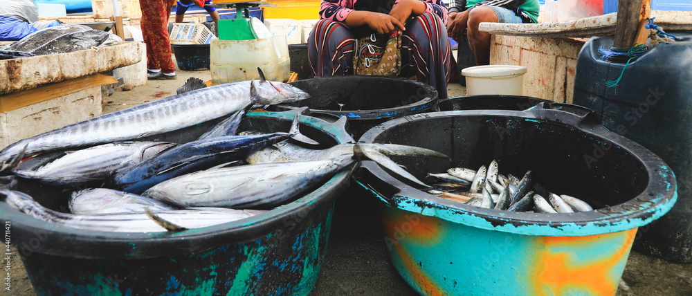 Fresh fishes are on sale at seafood market in Bali