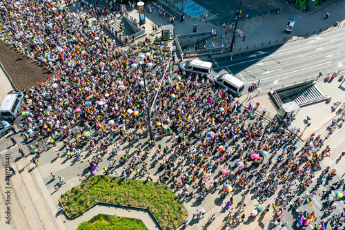 Warsaw, Poland - June 19 2021: equality parade, pride march. Celebration of LGBT people and protests against homophobia, aerial view.