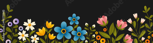 Horizontal banner with multicolored blooming flowers and plant branches. Summer flowers flat vector illustration on dark background. 