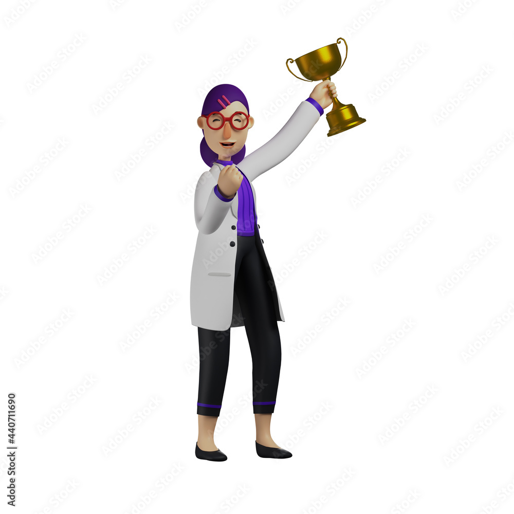 3D Female Doctor Cartoon Character lift a trophy with a proud face 3D Female Doctor Cartoon Character lift a trophy with a proud face
