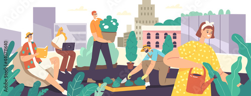 Characters Care of Rooftop Garden. Landscaping Urban Gardening, Building Roof Greening. People Planting Seedlings