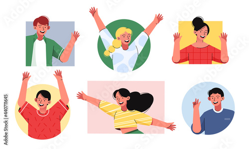 Friendly happy people flat vector illustration set. Men and women waving their hands and smiling. Cartoon  male and female portraits collection. 