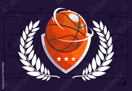 Vector illustration of a basketball with a shield and a winner's wreath on a dark background, flat design, basketball court in the background, basketball symbols