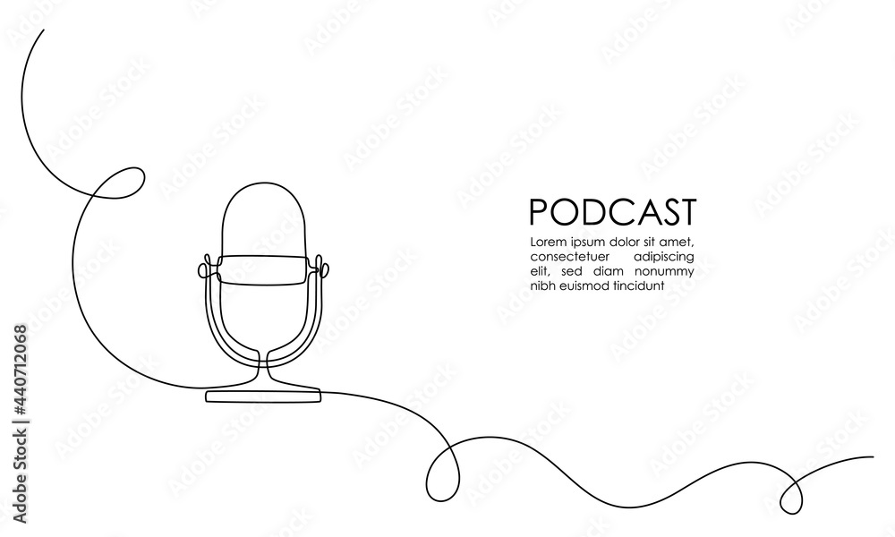 Continuous one line drawing of podcast microphone. Vintage old mike in simple thin linear style for banner music, webinar, online training. Editable stroke. Horizontal Vector illustration - obrazy, fototapety, plakaty 