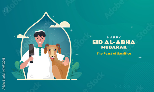 Islamic banner illustration of happy eid al-adha greetings concept