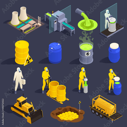 Toxic Waste Nuclear Chemical Pollution Biohazard Isometric Icon Set