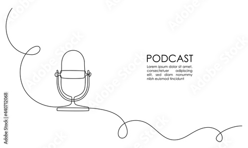 Continuous one line drawing of podcast microphone. Vintage old mike in simple thin linear style for banner music, webinar, online training. Editable stroke. Horizontal Vector illustration photo