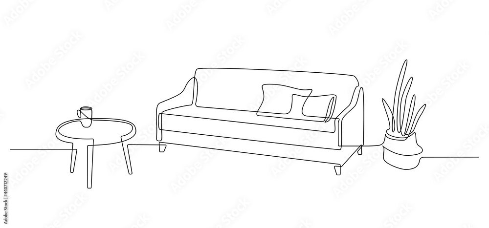 One continuous line drawing of sofa with table and floor potted plant ...