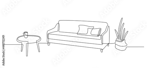 One continuous line drawing of sofa with table and floor potted plant. Home modern furniture of cozy couch with two pillows in simple linear style. Editable stroke Vector illustration