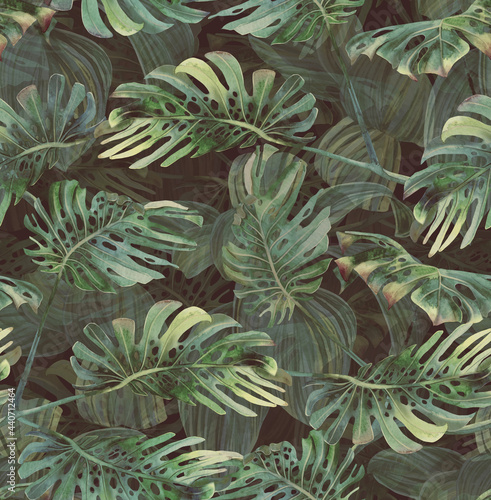 Tropical pattern with green monstera leaves. Seamless print painted with watercolor