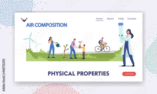 Physical Properties Landing Page Template. Characters Planting Trees, Use Eco Transport and Green Nature Energy