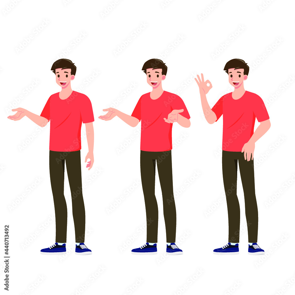 Fototapeta premium Flat design concept of happy man wear casual cloth with different poses, presenting process gestures and actions. Vector cartoon character design set.