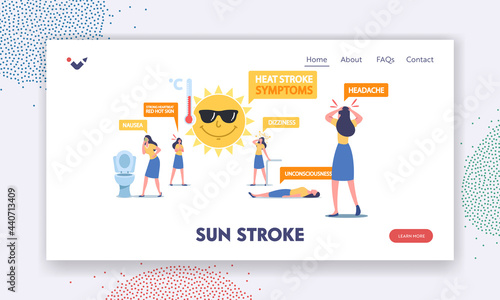 Heat Stroke Symptoms Landing Page Template. Female Characters Suffer of Sun with Nausea, Strong Heartbeat or Hot Skin