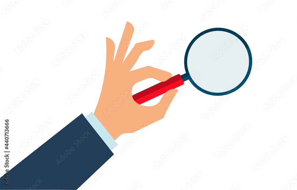 Hand holds Magnifying glass in search of something. Stock vector Hand holds Magnifying glass in search of something. Stock vector