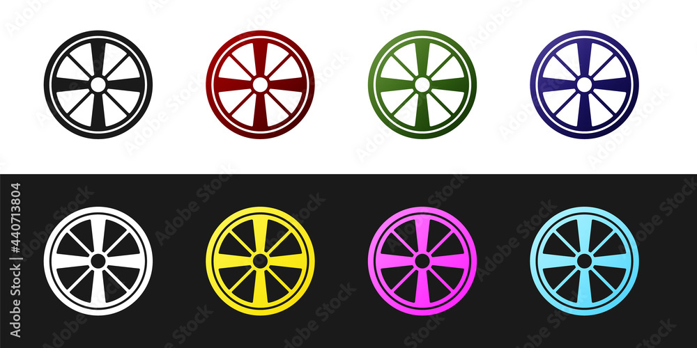 Set Alloy wheel for a car icon isolated on black and white background. Vector