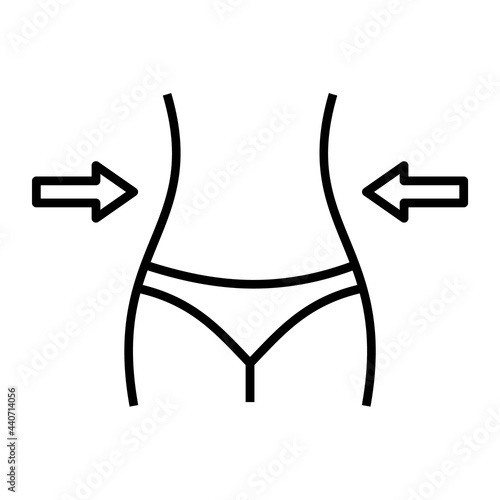 Losing weight concept. Female waist with arrows. Healthy lifestyle and diet. Woman figure. Obesity prevention. Slim girl. Body line icon. Waistline and fitness. Vector illustration, flat, clip art. 