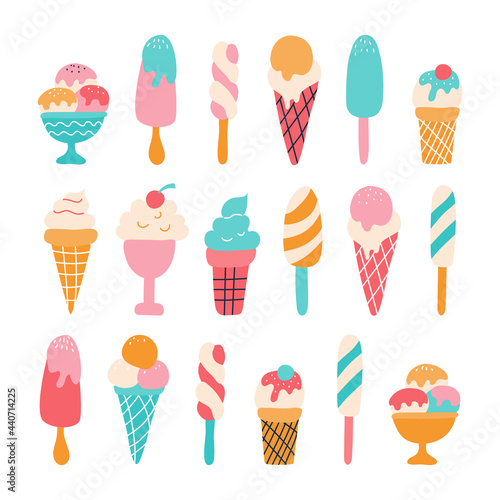 A set of ice cream on a stick, in a waffle cup, a cone. Fruit, colorful. Vector illustration in a flat style on a white background. Decor for children's room, posters, stickers, wrapping paper, fabric