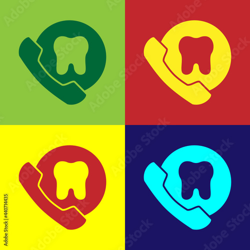 Pop art Online dental care icon isolated on color background. Dental service information call center. Vector