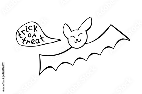 Cute bat drawn in cartoon doodle style. Treat or trick -lettering in speech bubble. Vector outline illustration isolated on white background. For coloring book page  halloween design  greeting card