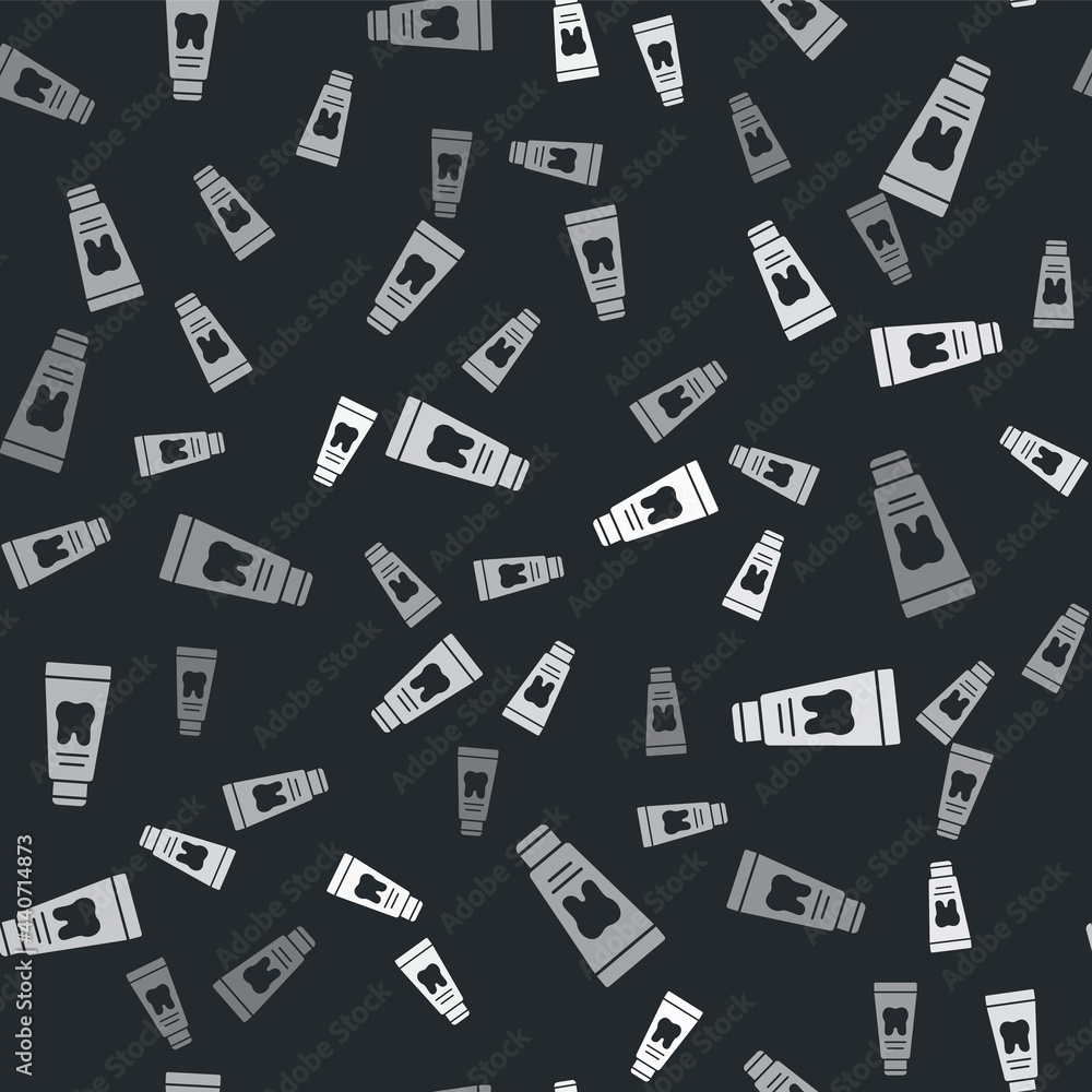 Grey Tube of toothpaste icon isolated seamless pattern on black background. Vector