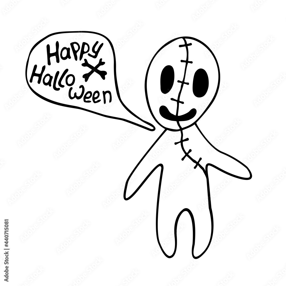 Vector cute zombie in cartoon style. Happy Halloween - lettering in speech bubble. Vector outline illustration isolated on white background. For coloring book page, holiday design, greeting card Vector cute zombie in cartoon style. Happy Halloween - lettering in speech bubble. Vector outline illustration isolated on white background. For coloring book page, holiday design, greeting card
