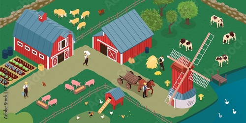 Farmyard Windmill Canal Isometric Composition