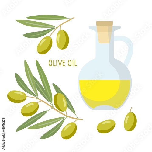 Olive Oil Bottle and olive branch. Overhead view of green branch with berries and yellow oil tank. Vegetable for Mediterranean or vegan diet. Flat design isolated on white background