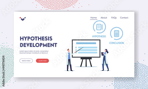 Hypothesis Development Landing Page Template. Tiny Scientists Characters at Huge Screen Conduct Laboratory Experiment