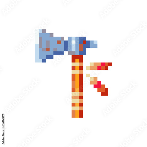 Indian weapon tomahawk pixel art icon, isolated vector illustration. Design for sticker, mobile app and logo. Game assets 8-bit sprite.