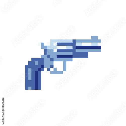 Revolver gun. Pixeil art. Pistol icon. Shooter firearm. Sticker design. Video game sprite. Isolated vector illustration.